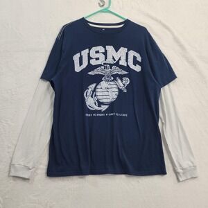 Marines Shirt Mens XL Blue‎ USMC Eagle Globe Anchor Layered Long Sleeve Graphic